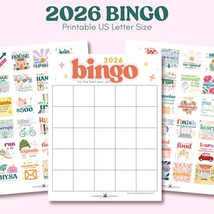 May include: A printable 2026 Bingo game in US Letter size. The bingo card is surrounded by sheets with colorful squares featuring goals like "raise," "donate," and "learn." The bingo card has a grid of blank squares.