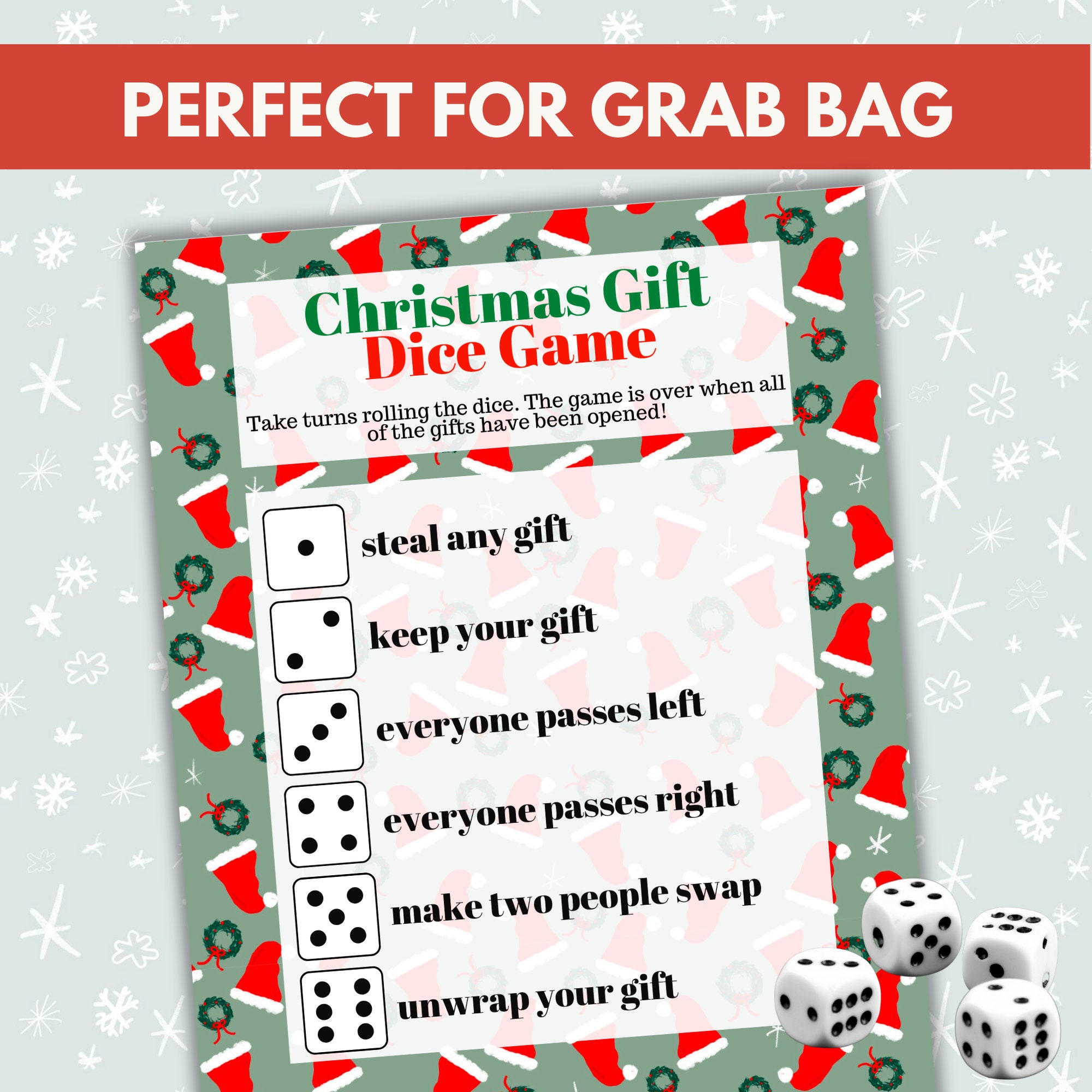 Christmas Gift Dice Game Printable, Instant Digital Download, Grab Bag