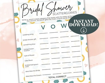 Bridal Shower Scattergories Game, Printable Party Activity (Digital Download)