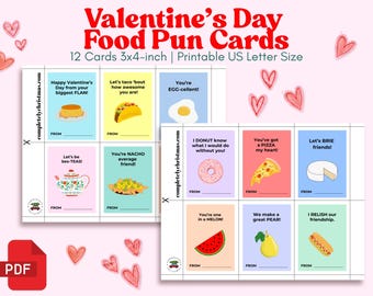 Funny Food Pun Valentine's Day Cards, Kids Classroom, Printable PDF