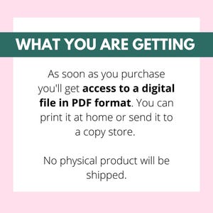 May include: Text on a white background with a pink border. The text reads "WHAT YOU ARE GETTING" in a green banner. The text below explains access to a digital PDF file upon purchase, with no physical product shipped.