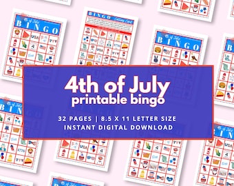4th of July Bingo Game – 30 Unique Cards | Printable PDF | Patriotic Party Activity | Instant Digital Download
