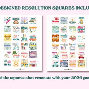May include: Two white sheets with 48 designed resolution squares, each with a different goal. The squares have colorful illustrations and text like "raise", "house", "join", "donate", "trip", and "fitness". The text "Find the squares that resonate with your 2026 goals!" is at the bottom.