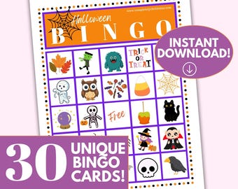 Halloween Bingo Game, 30 Unique Cards (PDF Printable)
