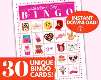 Juego de Bingo de San Valentín: 30 cartones únicos (descarga instantánea)