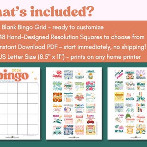 May include: A digital download featuring a 2024 Bingo game with a blank grid and 48 resolution squares. The US Letter size prints on any home printer. The image includes the text "What's included?" and "Bingo".
