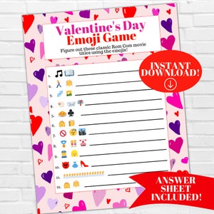 Valentine&#39;s Day Rom Com Movie Emoji Pictionary Game Printable, Digital Download, Galentines Day Game, Emoji Game, Valentine&#39;s Day Games