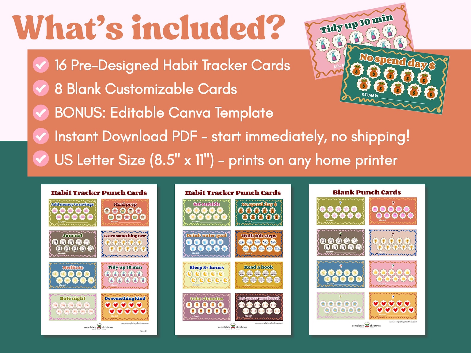 Tracker Cards.pdf Habit Tracker Punch Cards | 16 Habits + 8 Blank | PDF + Canva Template ...
