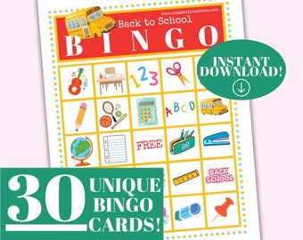 Back to School Bingo Game, 30 Unique Cards (Instant Download PDF)