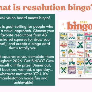 May include: A resolution bingo game card for 2026 with illustrated squares. The card includes text like "What is resolution bingo?" and "Think vision board meets bingo!" The bingo card has squares with illustrations and text like "$500", "Read", and "No caffeine for a week".