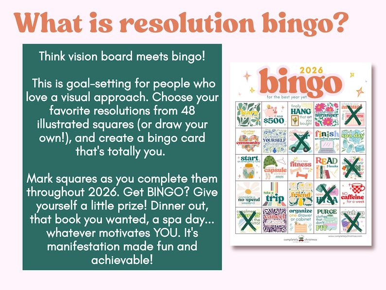 May include: A resolution bingo game card for 2026 with illustrated squares. The card includes text like "What is resolution bingo?" and "Think vision board meets bingo!" The bingo card has squares with illustrations and text like "$500", "Read", and "No caffeine for a week".