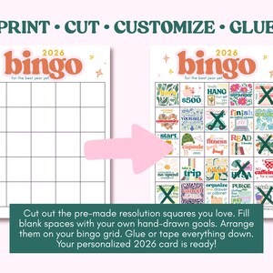 May include: Two 2026 Bingo cards with the text "bingo for the best year yet". One card is blank, the other has resolution squares with text and images. The cards are for printing, cutting, customizing, and gluing.