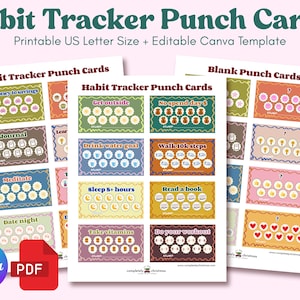 May include: A collection of printable habit tracker punch cards with various goals like saving money, journaling, and exercising. The cards are designed with colorful floral borders and include the text "Habit Tracker Punch Cards" and "Printable US Letter Size + Editable Canva Template."