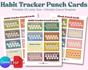 Habit Tracker Punch Cards | 16 Habits + 8 Blank | PDF + Canva Template | Instant Download