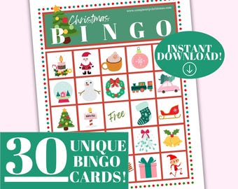 Christmas Bingo Game, 30 Unique Cards, Holiday Kids Activity (PDF)