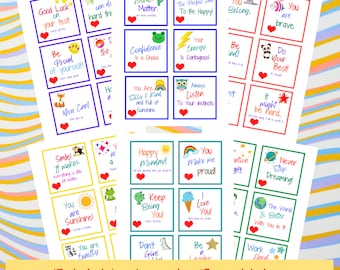 May include: Printable lunchbox notes with colorful illustrations and positive messages. The notes feature a variety of designs, including animals, stars, rainbows, and hearts. Some of the messages include "Good Luck on your test!" "You can do it!" "Be proud of yourself!" "You are sunshine!" "Happy Monday!" "You make me proud!" "Never stop dreaming!" "The world is better with you in it!" and "Work hard!"