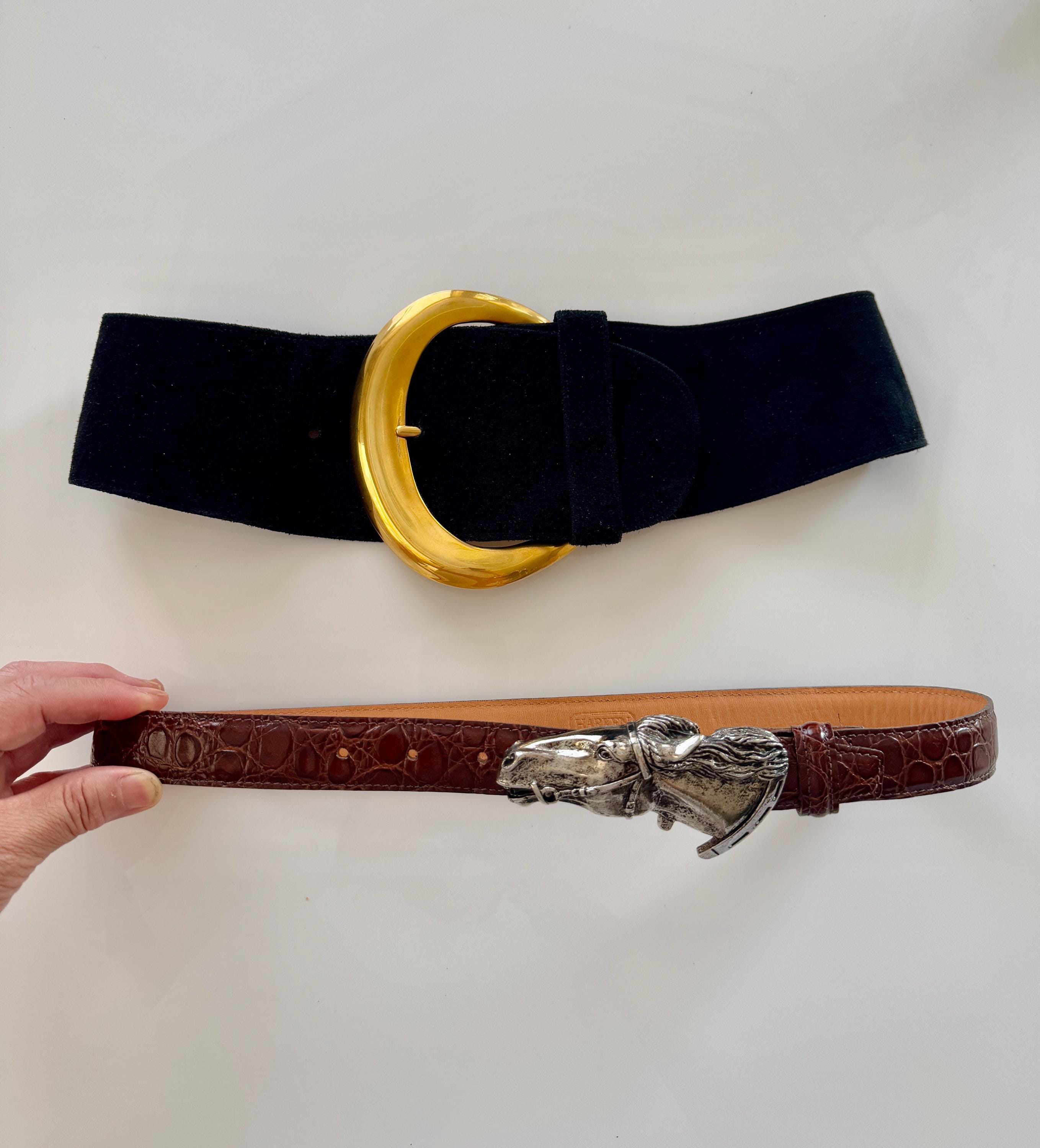 Vintage Donna Karan 1980s Oversized Wide Leather Belt Small Yellow Big Buckle T Donna Karan Oversized Buckle Belt main image 2