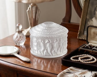 Vintage Lalique France "Les Enfants" Crystal Powder Jar | Frosted Glass Cherubs Roses Vanity Box | Signed Luxury French Trinket Dish Lid