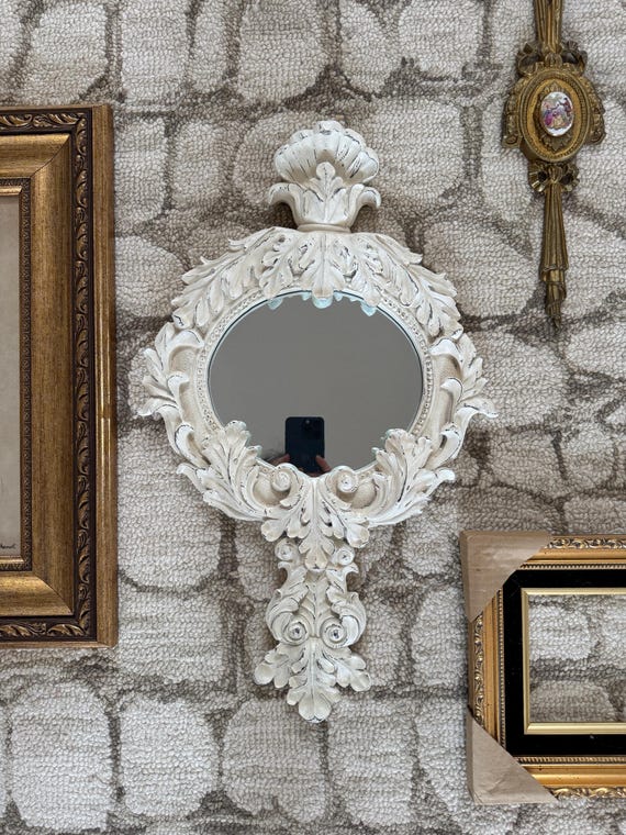 Framed Vintage Round Wall Mirror With Ornate White Frame 21x12x1.5