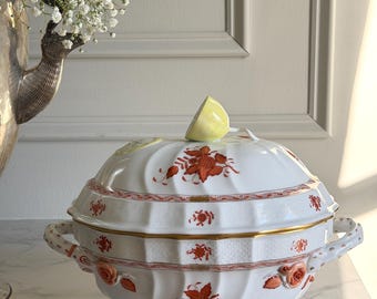 Sopera china Herend Bouquet-Rust con tapa de limón 13.25"x8.25"x10"