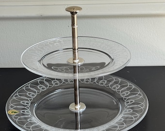 Waterford Crystal Ballet Icing Clear Blown Glass Two Tiered Server Tray Cake Plate or Cake Stand With Metal Handle 10.5"x8"