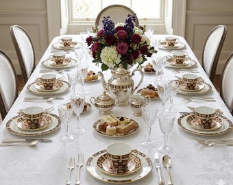 Royal Crown Derby Mix and Match Tea Service for 12, Imari 2451 Teacups and Saucers with Kedleston Salad Plates 8", 36 Piece Fine Bone China