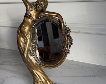 Antique Art Nouveau Bronze Standing Vanity Mirror, Patinated Nouveau Lady Figural Makeup Table Mirror, French Deco Nymph Dressing Mirror 14"