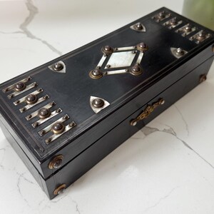 Vintage or Antique Long keepsake box with metal and mother of pearl decoration 11"x4"x3.25"
