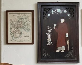 Vintage Vietnamese Mother of Pearl Inlaid Wood Wall Panel 18.25x12.5” | Asian Lacquer Art Carved Fretwork Openwork Frame | Chinoiserie Decor