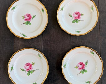 Juego de 4 platos de postre o pan de porcelana Meissen con diseño de espadas cruzadas y rosas rosadas, de 18 cm (7").