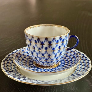 Lomonosov Cobalt Blue Fish Net 22K Gold Cup Saucer Dessert Plate 6&quot; 3-piece Set -Last set to go