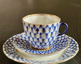ロモノーソフ LOMONOSOV コバルトネット カップソーサー プレート ペア Lomonosov Cobalt Blue Fish Net 22K Gold Cup Saucer Dessert Plate 6