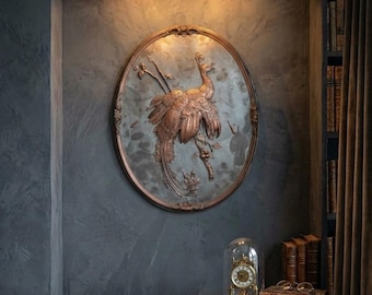 Vintage 3D Mixed Metal Peacock Wall Plaque, 17" Oval Copper Bird Relief Sculpture, Hollywood Regency Chinoiserie Wall Art