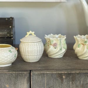 Choice of Vintage Belleek Irish Shamrock Open Sugar Bowl or Limpet Yellow basket weave sugar bowl or set of 2 rose cache pots (1 small chip)
