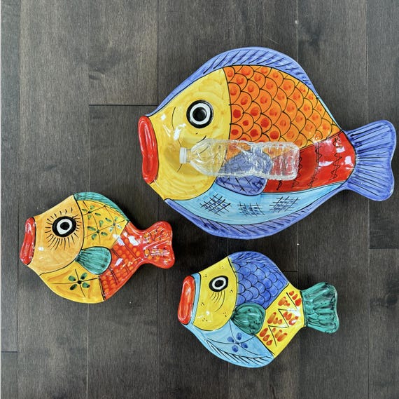 Set of 3 Vintage Vietri Italy Pottery Big Lip Rainbow Fish Platter