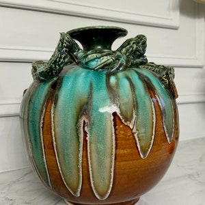 Heavy Large Vintage Round Asian Green Over Brown Salt Glaze Pottery Dragon Vase 11.5&quot;x10&quot;