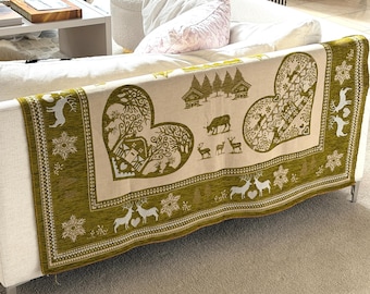 Vintage double sided Anis Green or Pink tapestry throw blanket 59"x55" - Deer, Heart and winter scenery