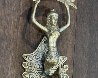Vintage Beautiful Fish holding Mermaid Shaped Metal Door Handle or Hook or Drawer Pull 8.25&quot;x4&quot;