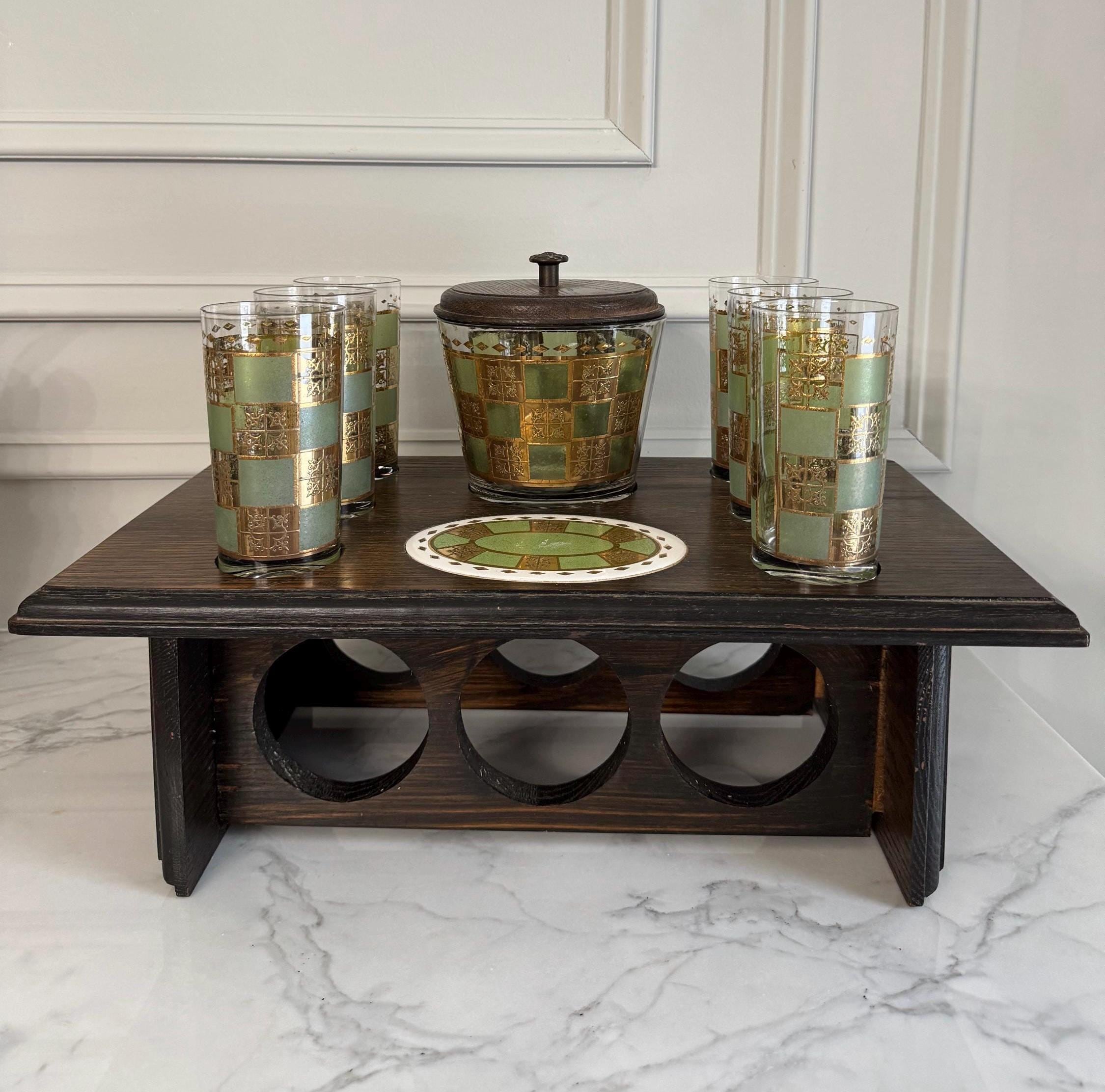 Vintage Culver Prado 22K Gold Green Highball Bar Set | Mid Century