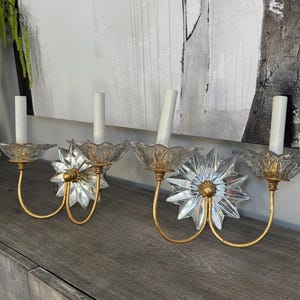 Pair of Vintage Wall Light Sconces with Mirrored Twelve Point Star Bursts & Crystal/glass flower petal 14.5”x10.5”x6”