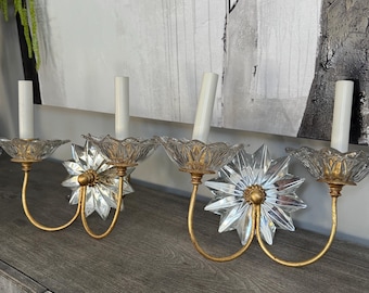 Pair of Vintage Wall Light Sconces with Mirrored Twelve Point Star Bursts & Crystal/glass flower petal 14.5”x10.5”x6”