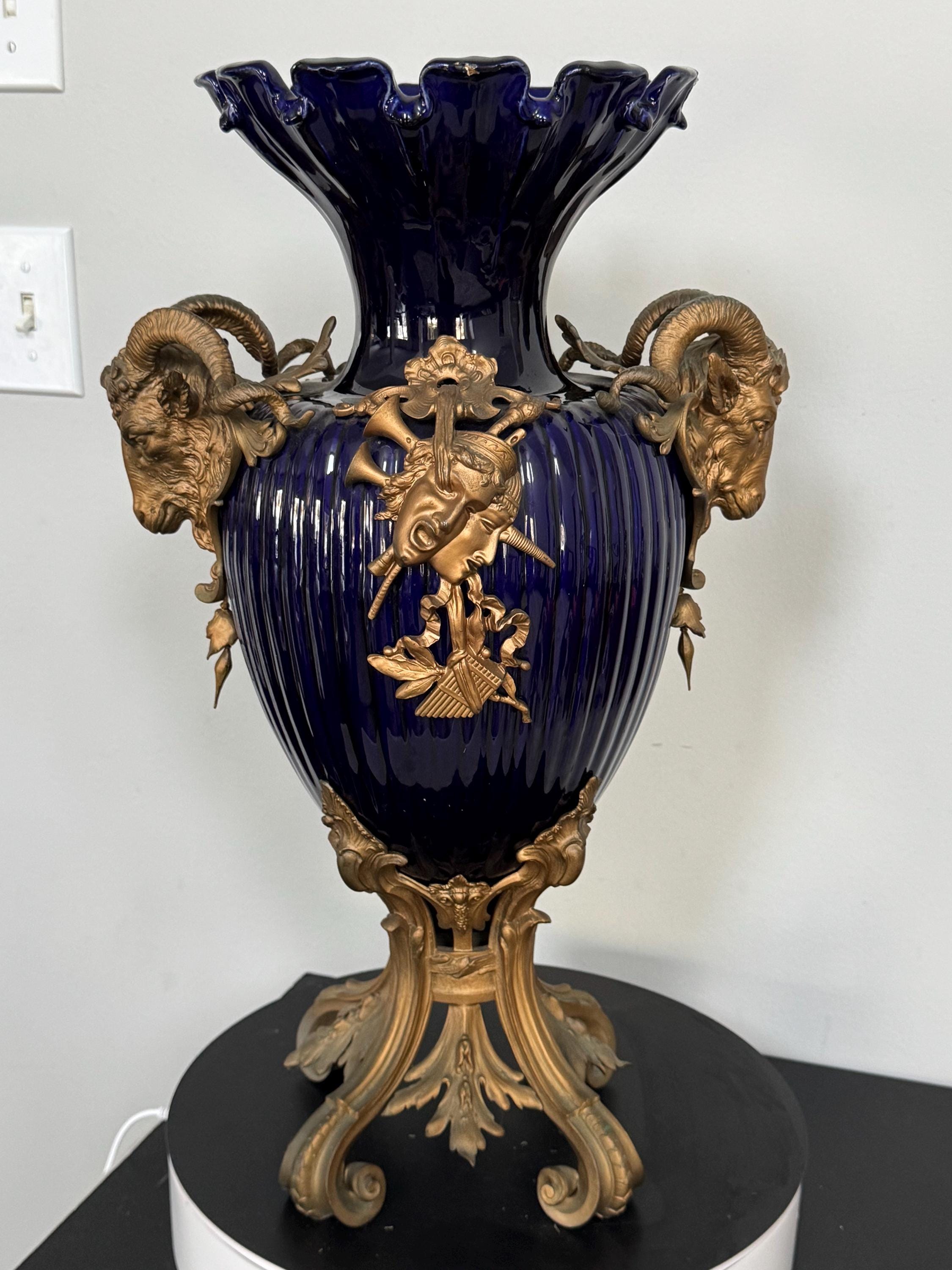 Vintage French Cobalt Blue Porcelain and Gilt Bronze Ormolu Vase