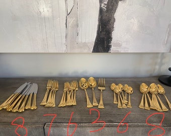 Set of 38 vintage International LYON gold plated Stainless Flatware knife fork spoon ready for holiday parties