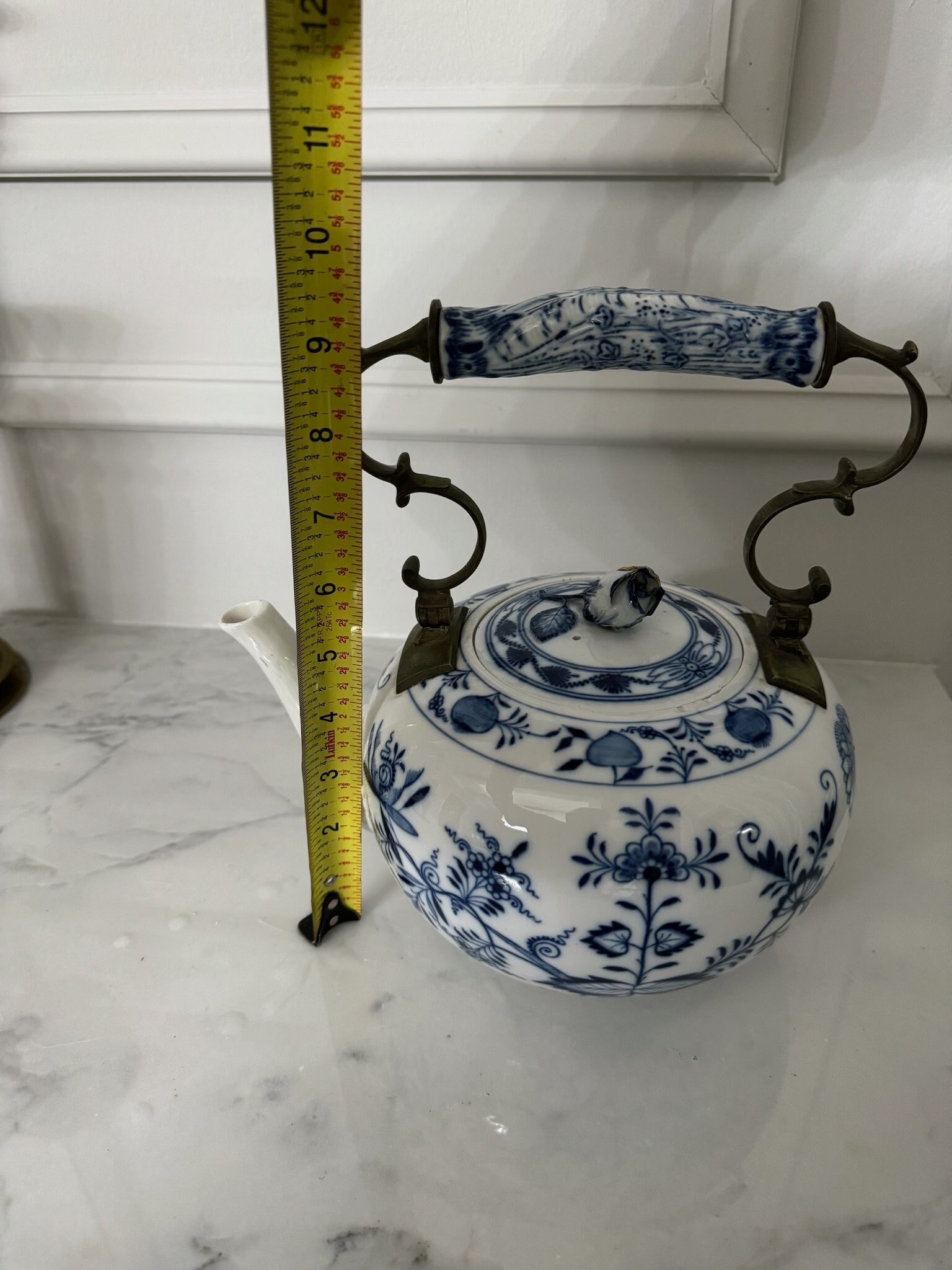 Antique Rare Meissen Blue Onion Porcelain Teapot With Metal