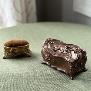 Choice of Antique Art Nouveau Repoussé Jewelry Casket Box 5"X2.5"X2.5" with hinged Embossed Bird Top OR pin cushion 3.25x2x3.5"