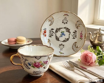 Rare Vintage Meissen Marseille Relief Gold accented Teacup Tea Cup gold tone handle & Bowl Plate scalloped rim