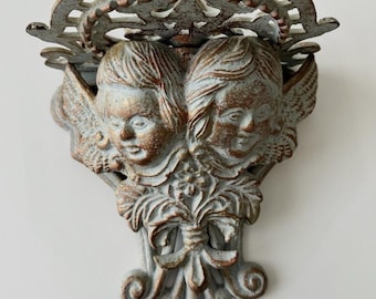 Vintage Cast Iron Cherub Wall Shelf, Victorian Angel Putti Bracket Corbel, Verdigris Green & Gold Accent Pocket Planter 11.5x8.5”x 6"deep