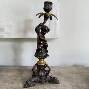 Vintage Bronze and Brass Putti Cherub Candlestick CandleHolder 12.5”