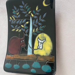 Vintage cute ceramic sitting cows under the blue green tree with the moon against the black sky wall art wall plaque ready to hang 9” x 6”