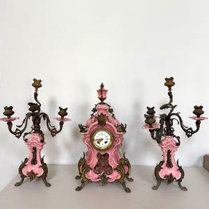 Antique 3-Piece Bronze Mounted Pink & Gilt French Porcelain Mantle Clock Set with Candelabra Garnitures 18-19&quot; Tall